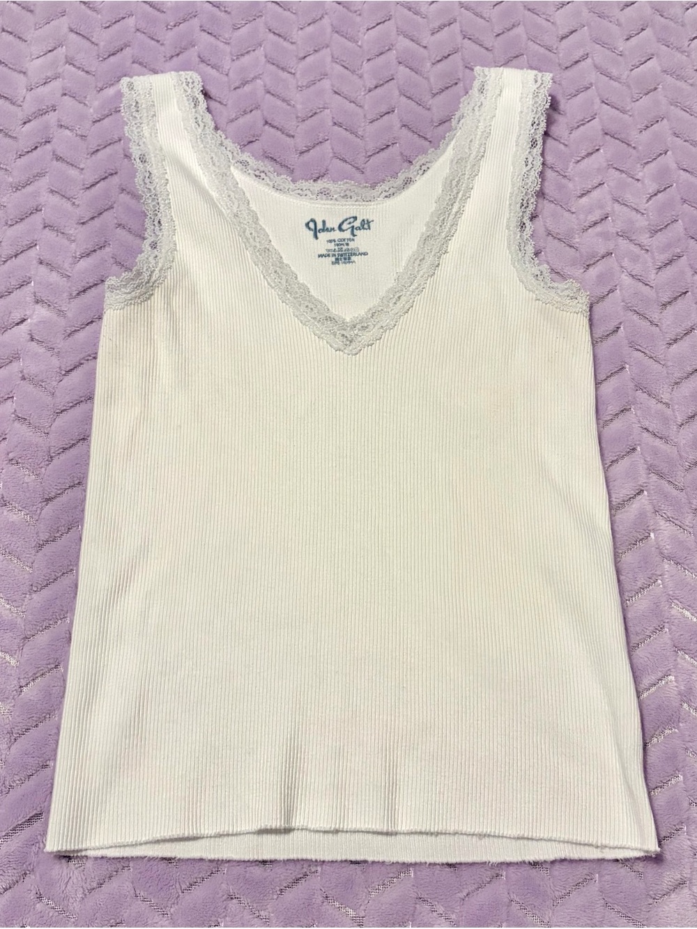 Brandy Melville John Galt White Ribbed Lace-Trim Tank Top